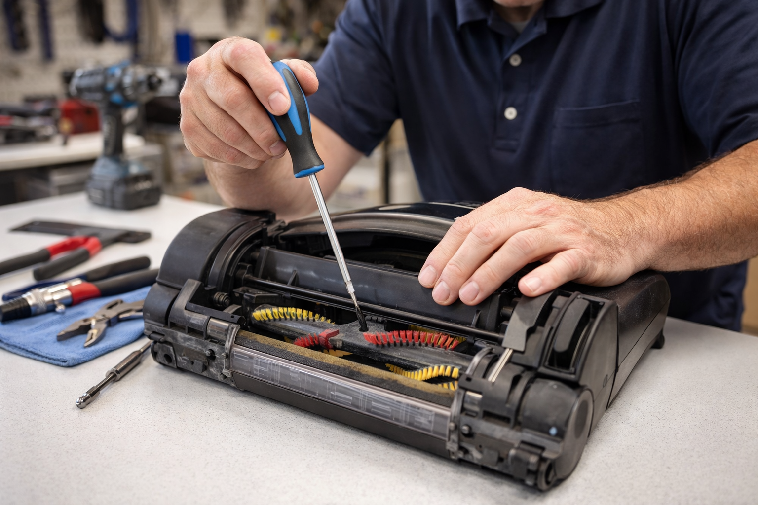 Vacuum technician repairing a vacuum cleaner at All Vacuums Sales & Service